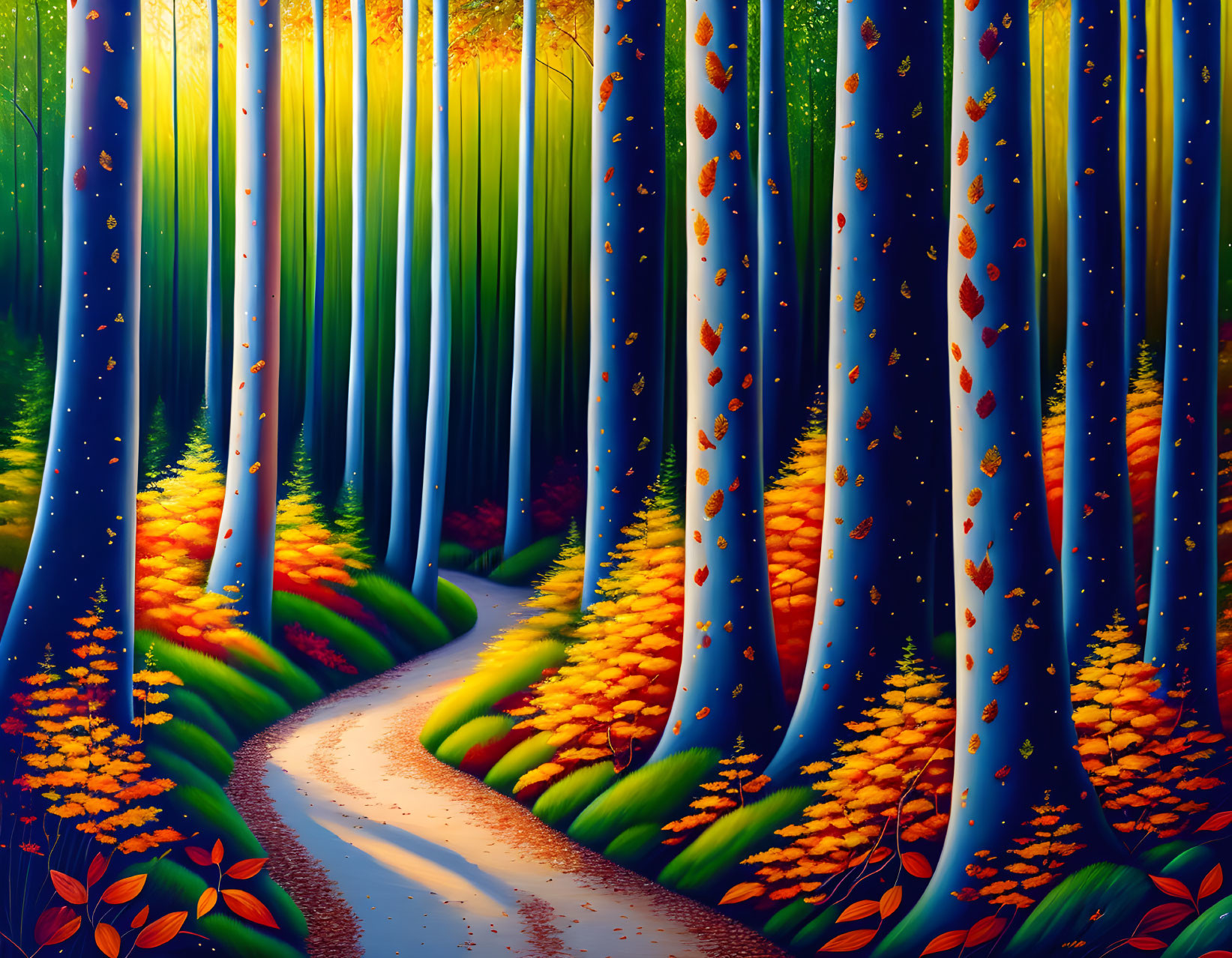 Vibrant forest with tall blue trees and autumn leaves on winding path