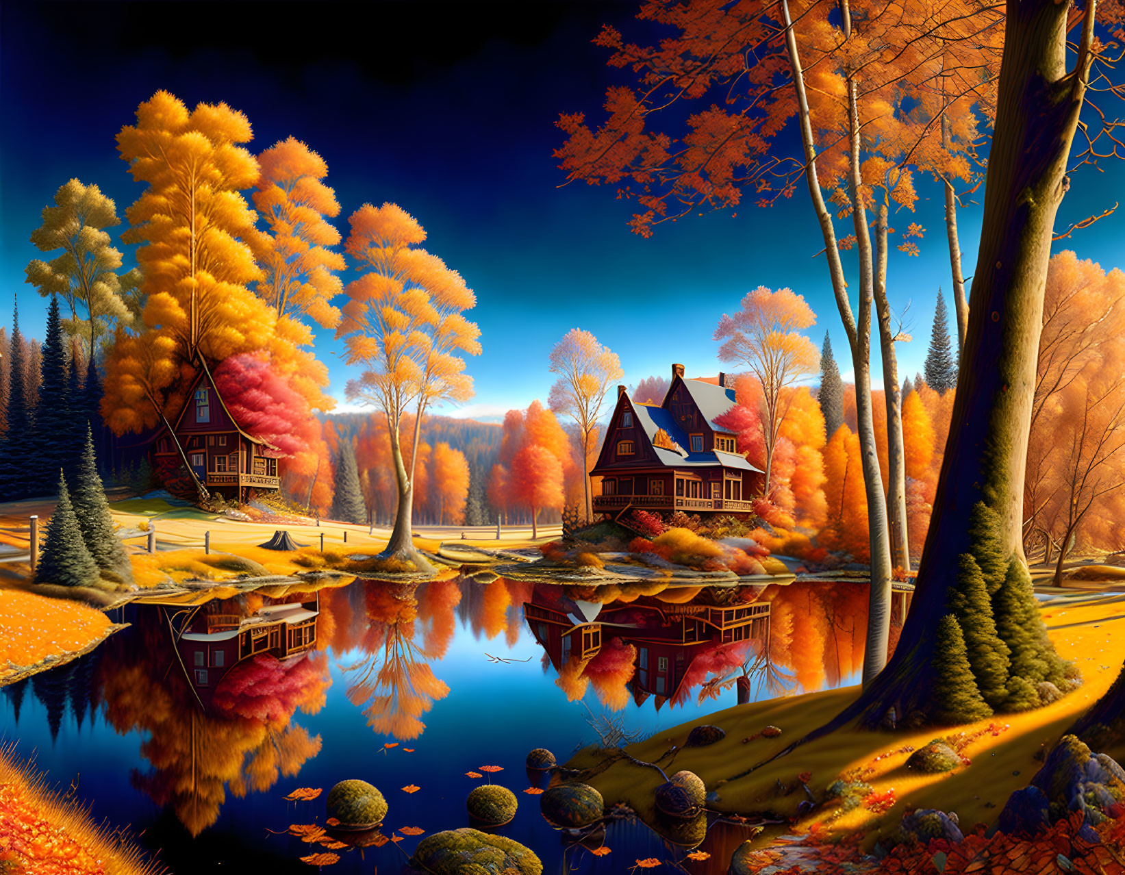 Tranquil autumn landscape with vibrant trees, lake reflection, and quaint house