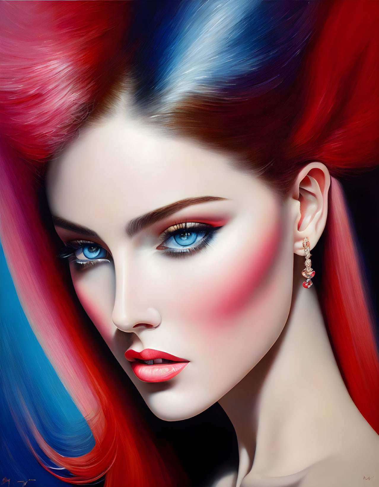 Vibrant digital portrait of a woman with colorful hair and intense eyes