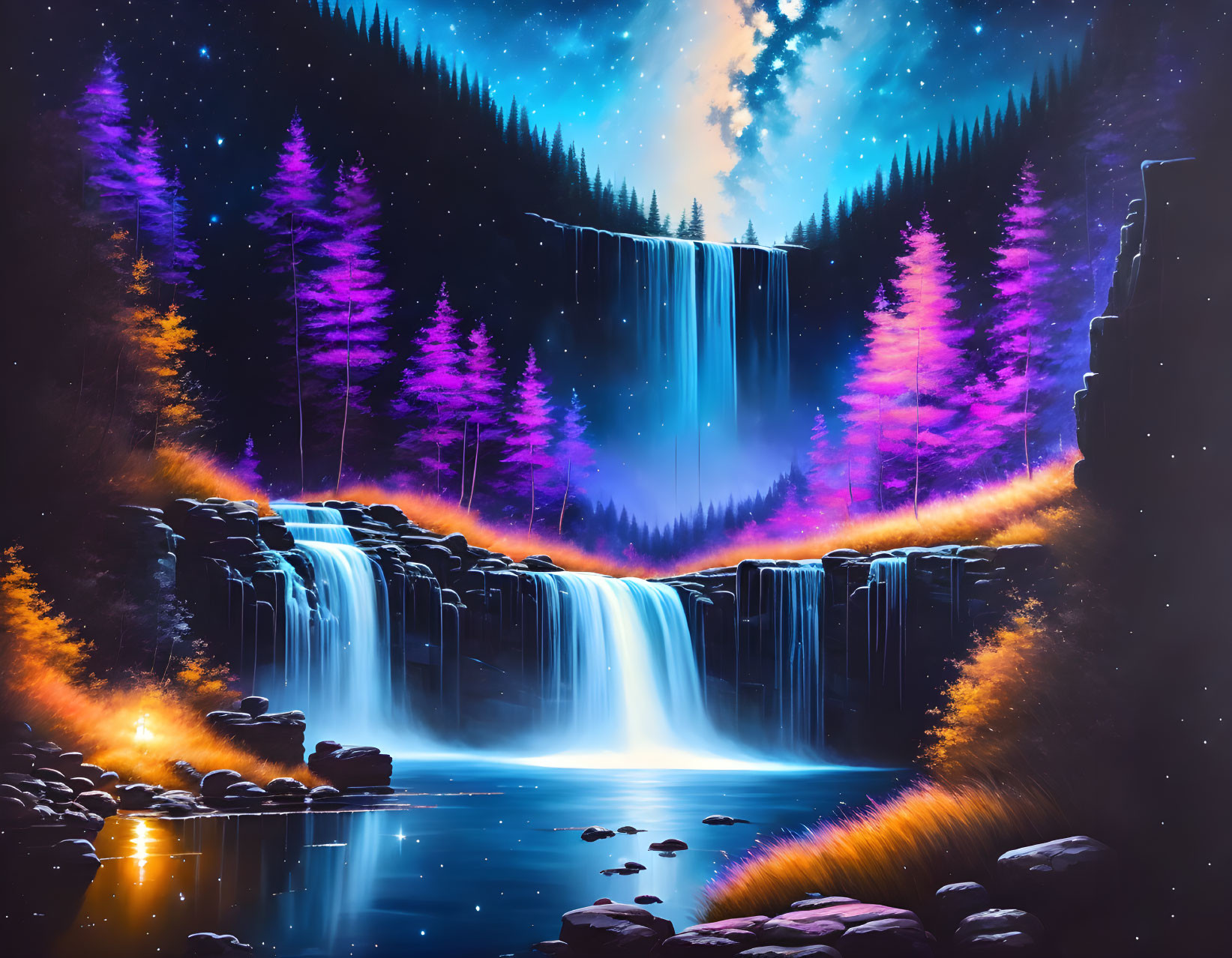 Surreal artwork of neon waterfall, starry sky, and lit pine trees