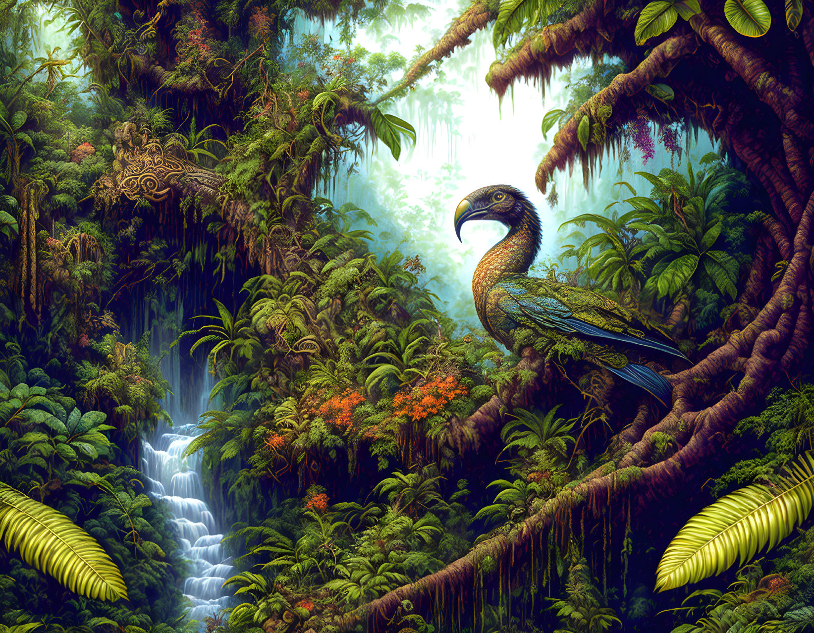 Lush Tropical Rainforest with Waterfalls and Parrot