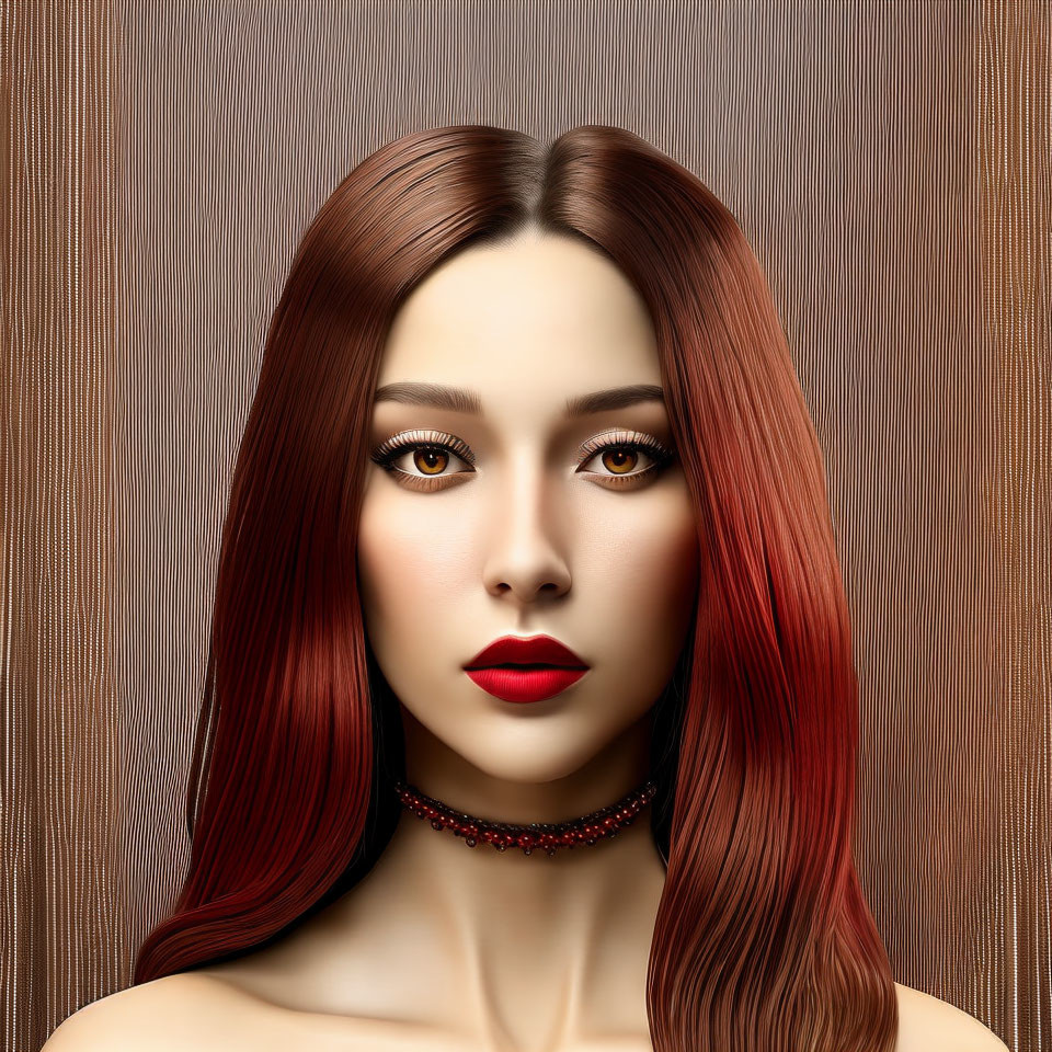 Digital artwork: Woman with reddish-brown hair, amber eyes, red lipstick, choker necklace