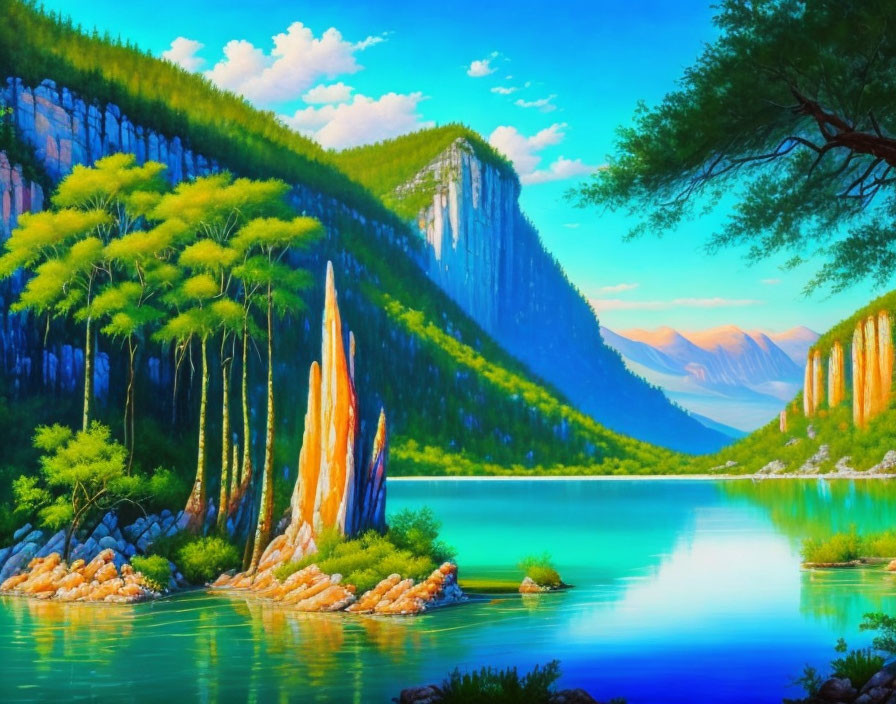 Vibrant landscape painting with greenery, cliffs, lake, and sky