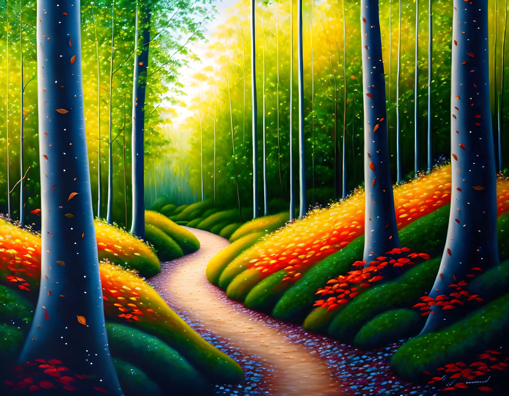 Sunlit Forest Path with Tall Trees and Red Leaves