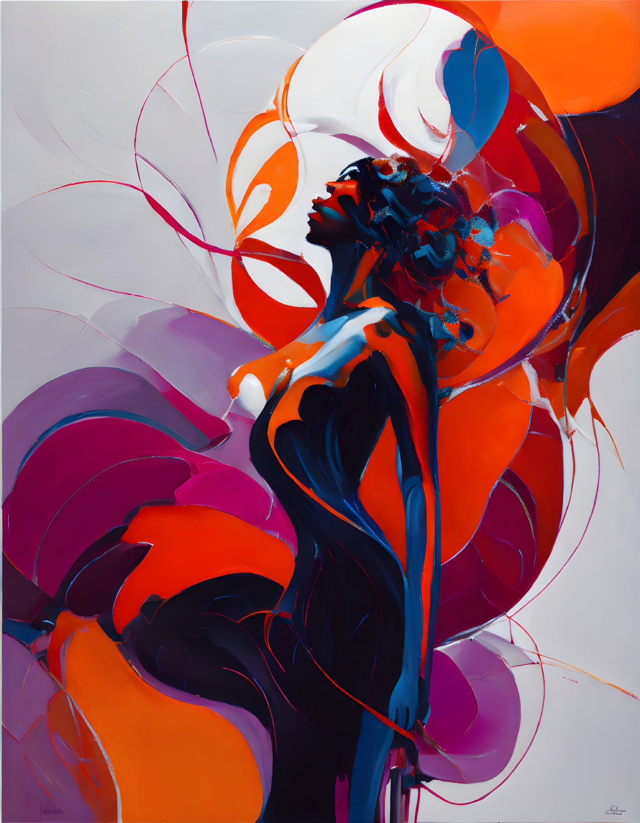 Abstract painting of stylized female figure in blue with red and purple swirls