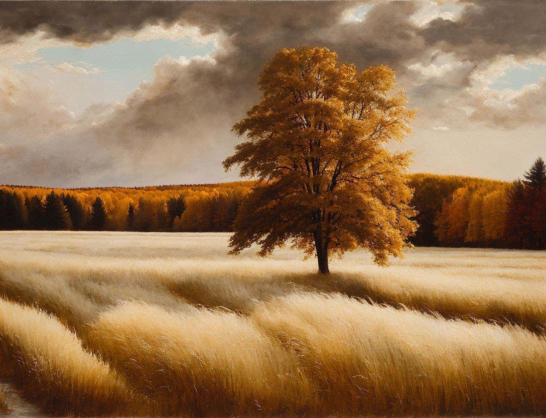 Golden-hued tree in autumnal scene with tall grasses and dramatic sky