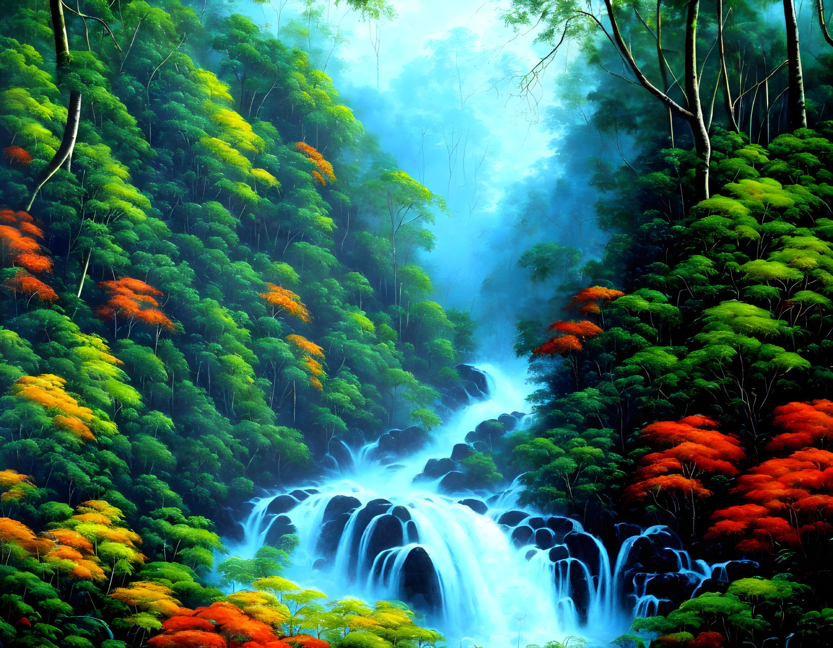 Colorful Forest with Waterfall and Misty Atmosphere