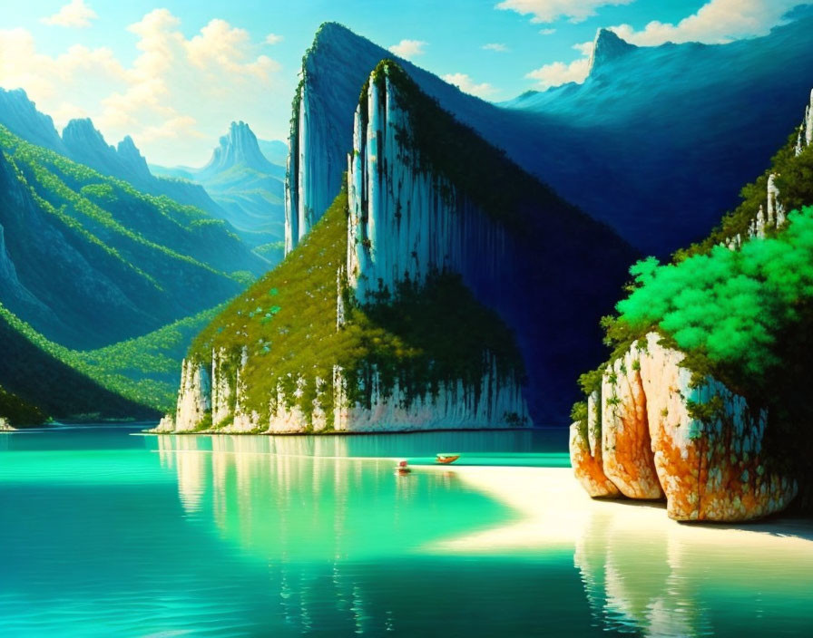 Tranquil turquoise lake with towering cliffs and lush greenery