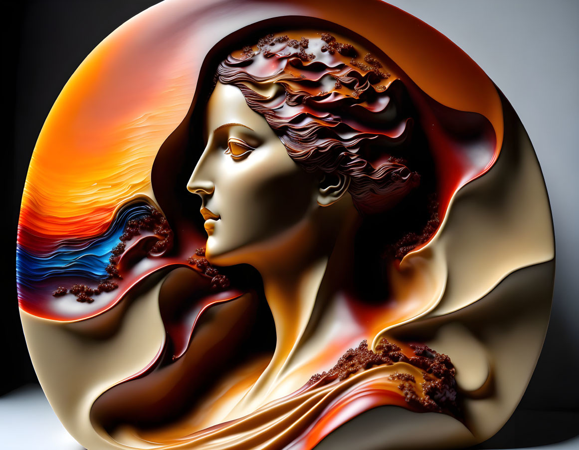 Colorful profile portrait of a woman with flowing hair on circular canvas