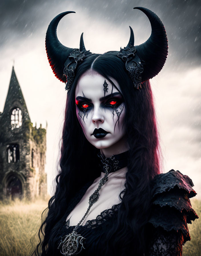 Gothic woman with horns and red eyes in dark makeup outside old church