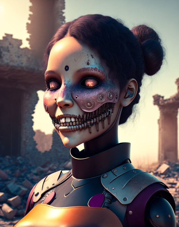 Photorealistic female android with human/machinery face against ruins