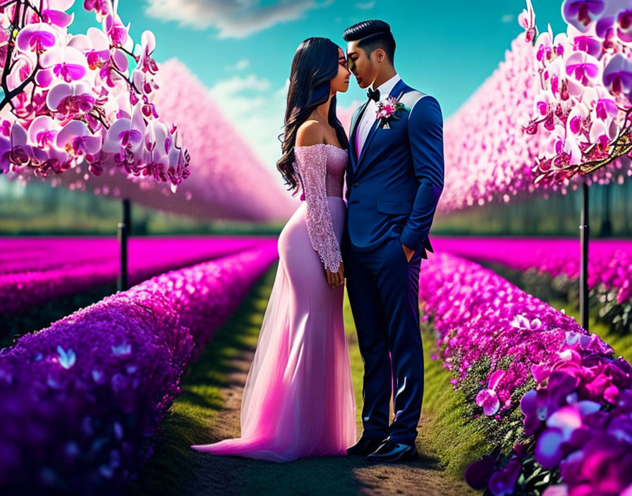 Formal attire couple kissing in vibrant flower field