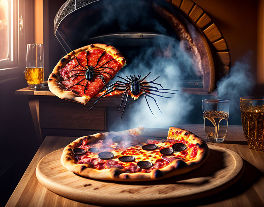 Pepperoni pizza with spider-shaped cutter and drinks in cozy room