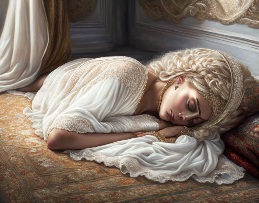 Elaborate golden head jewelry on serene woman sleeping in classical setting