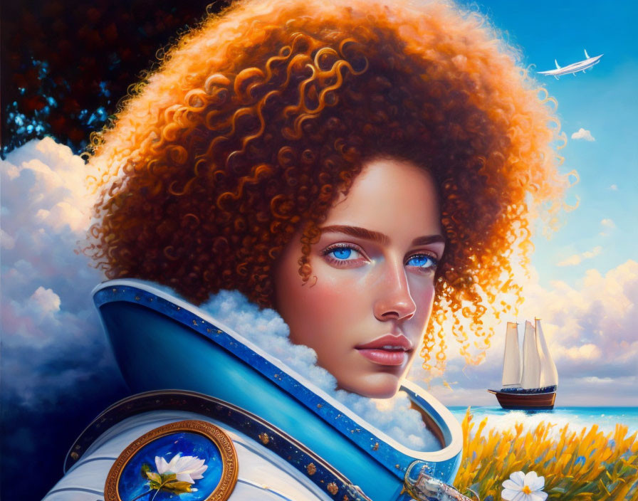 Curly Red-Haired Woman in Surreal Landscape with Ship, Plane, and Flowers