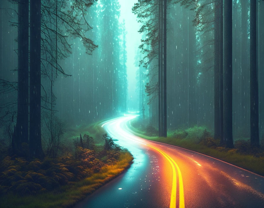 Misty Forest Scene: Winding Road, Glowing Light, Rain