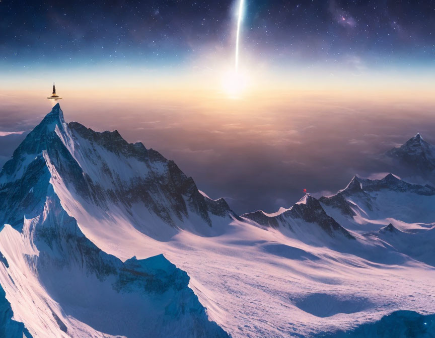 Comet in twilight sky over snow-covered mountains