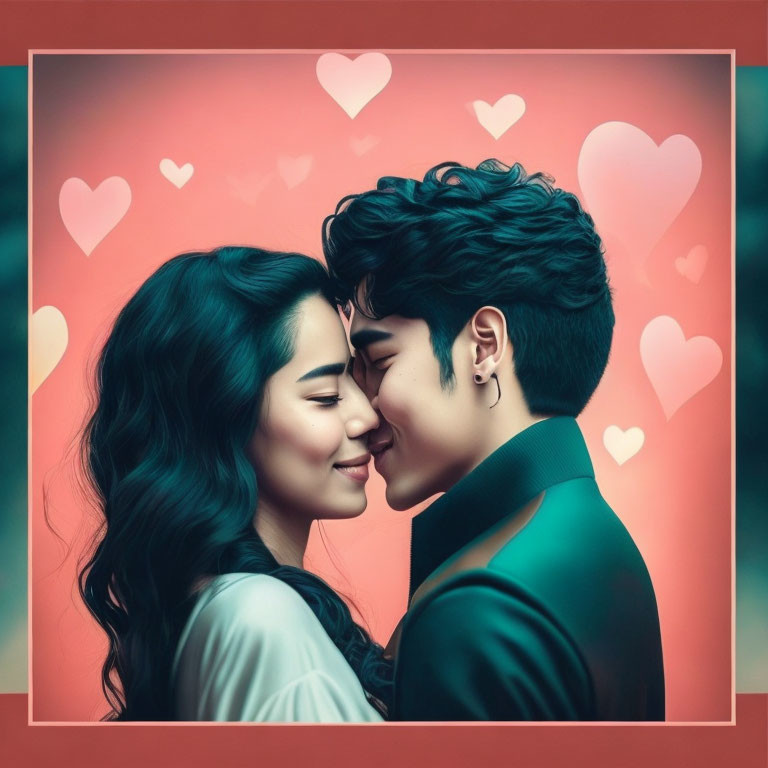 Illustrated characters with dark hair in romantic kiss amidst pink hearts on red background