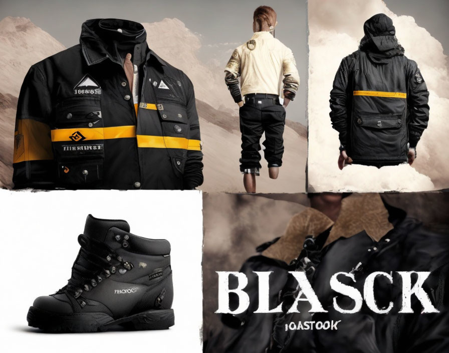 Outdoor Fashion Collage: Black and Yellow Jacket, Shorts, Hooded Coat, and Boots in Desert