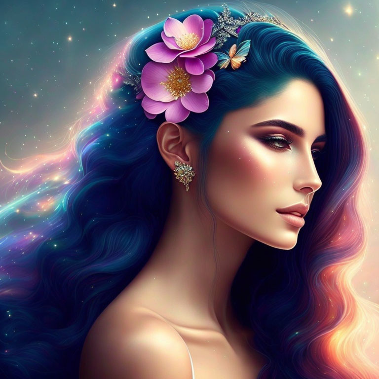 Woman with cosmic-themed flowing hair and flower adornments on starry background