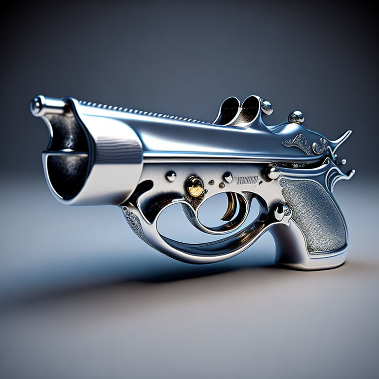 Stylized silver pistol with ornate engravings and unique design