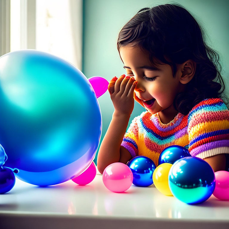 Young girl in colorful sweater plays with balloons in sunlight