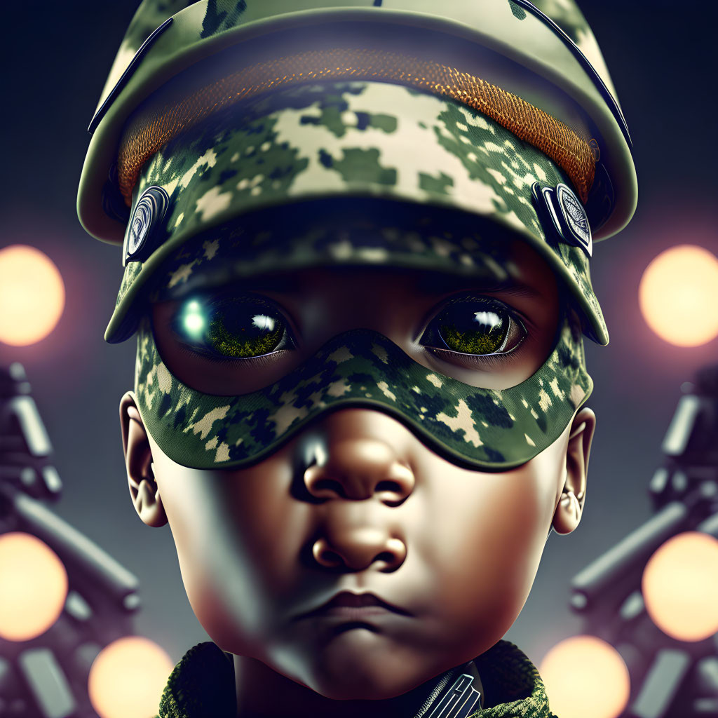 Child in Military Cap with Camouflage Face Paint in Digital Art