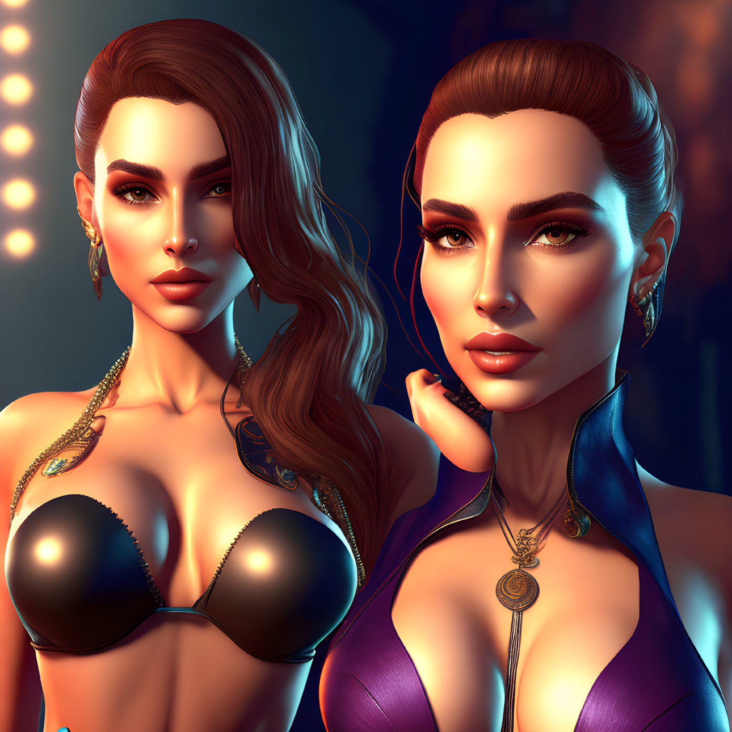 Stylized digital female figures in elegant attire on warm bokeh background