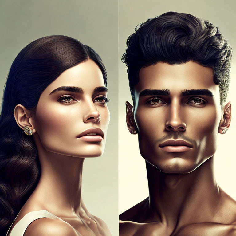 Stylized attractive male and female faces with sharp features