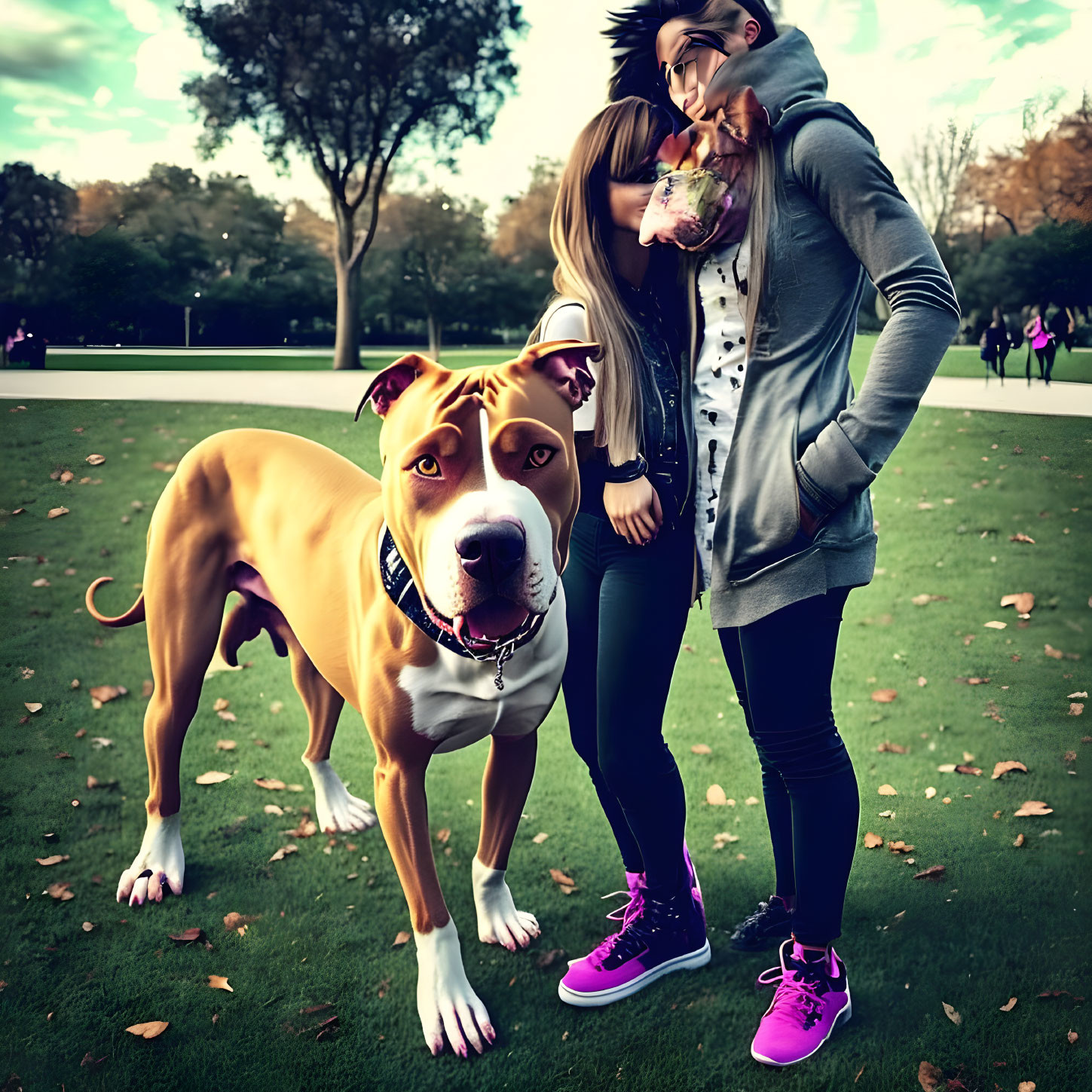 Brown and White Dog Standing on Grass with Couple Embracing in Background