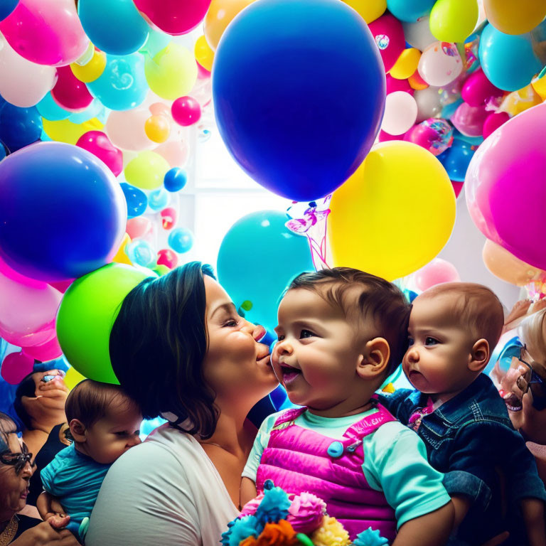 Woman kissing baby with colorful balloons at festive event