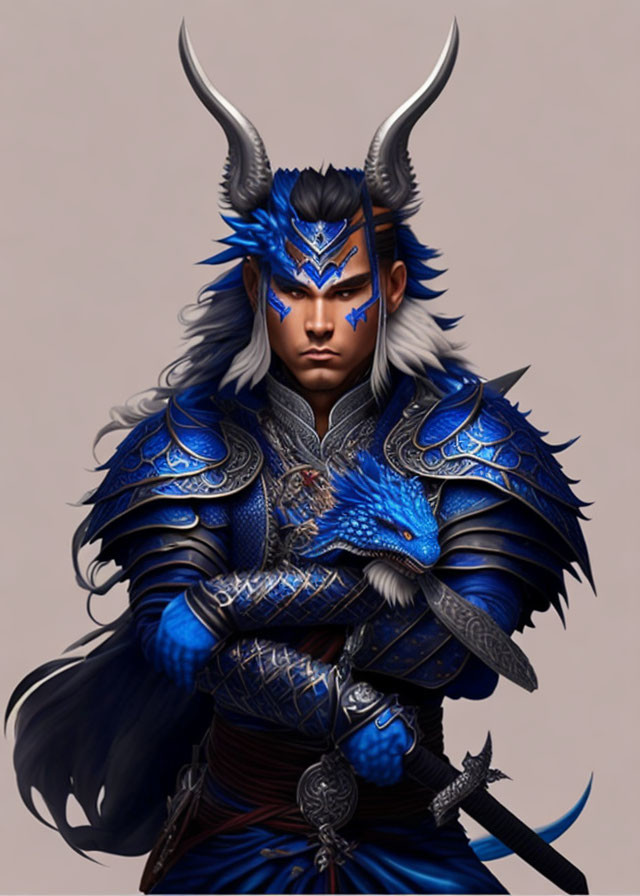 Fantasy warrior with blue dragon armor and companion illustration