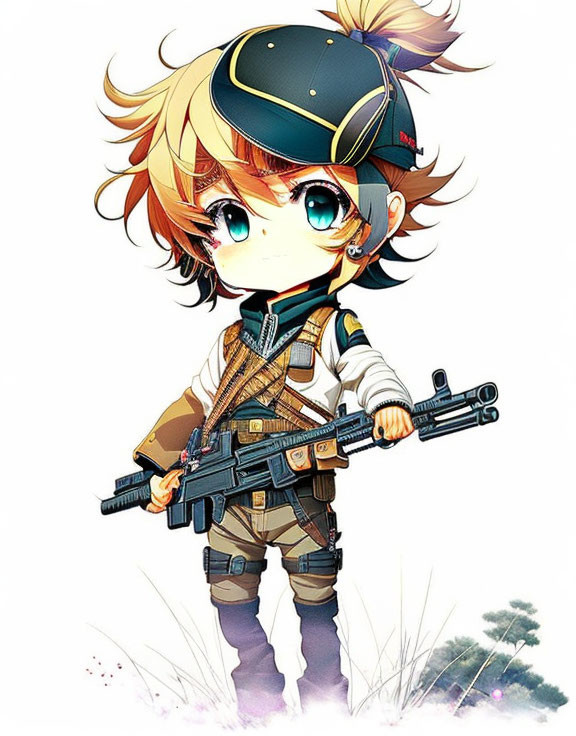 Child-like anime character with rifle in military uniform and cap