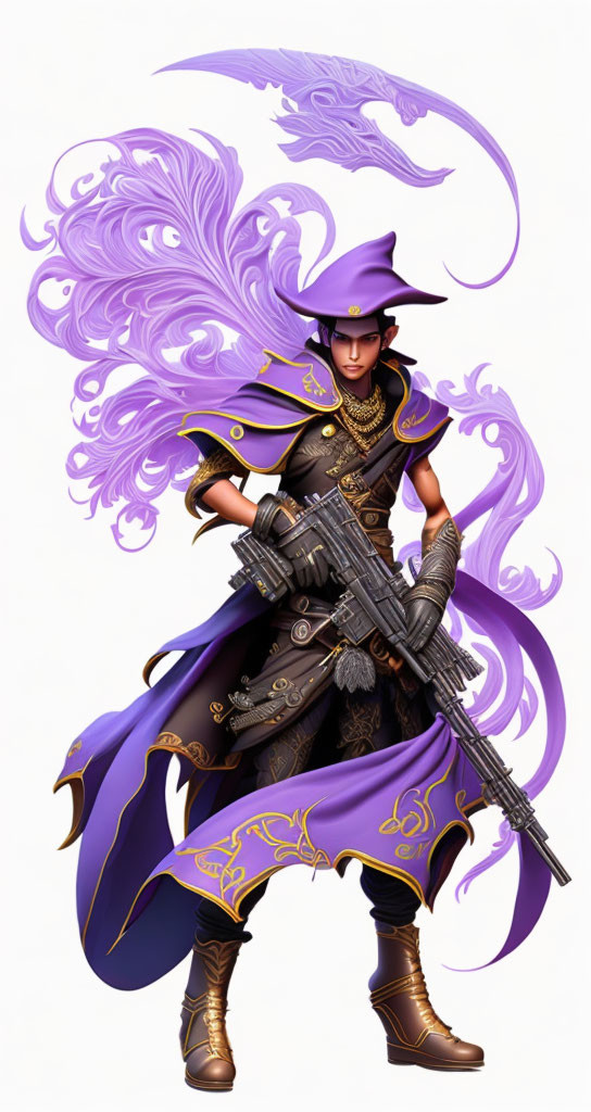 Fantasy character in purple and gold armor with gun surrounded by magic swirl.