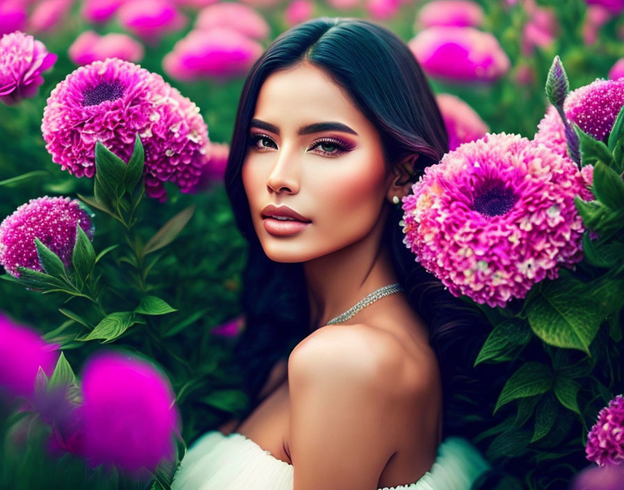 Striking makeup woman surrounded by lush pink flowers