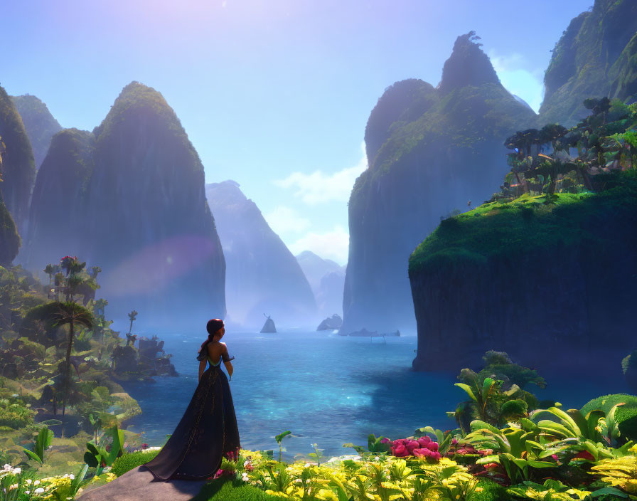 Woman in dress standing on lush cliff overlooking serene bay