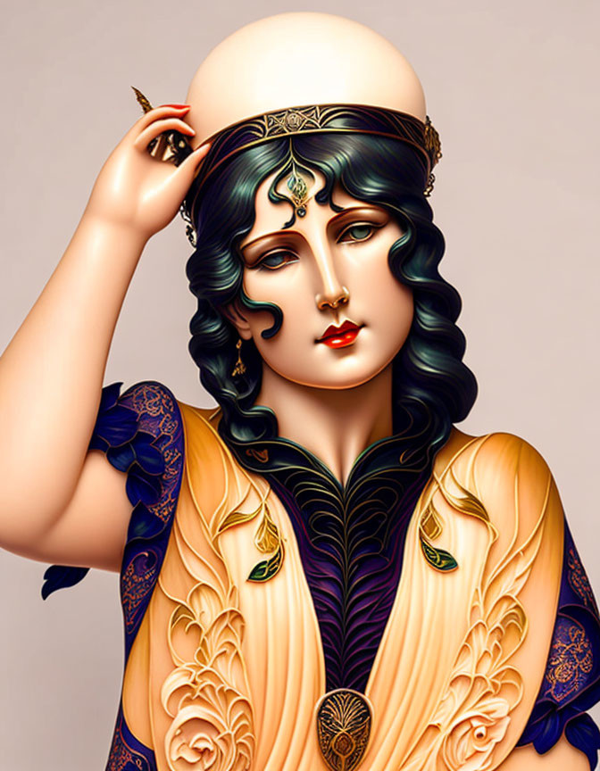 Digital illustration of a pale-skinned woman in gold headdress and blue draped garment