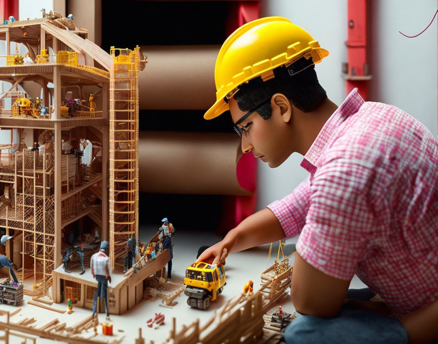 Child plays with toy construction site featuring detailed wooden structures and vehicles