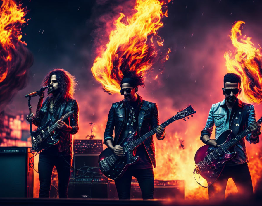 Dynamic rock band performance with fiery explosions and electric guitars