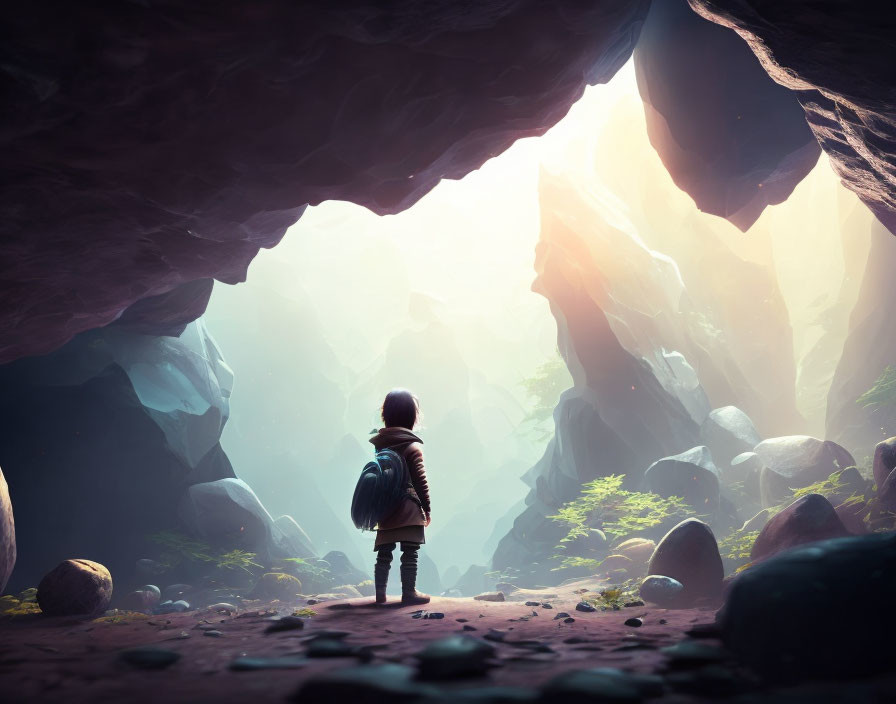 Explorer at Cave Entrance Surrounded by Rocks and Light