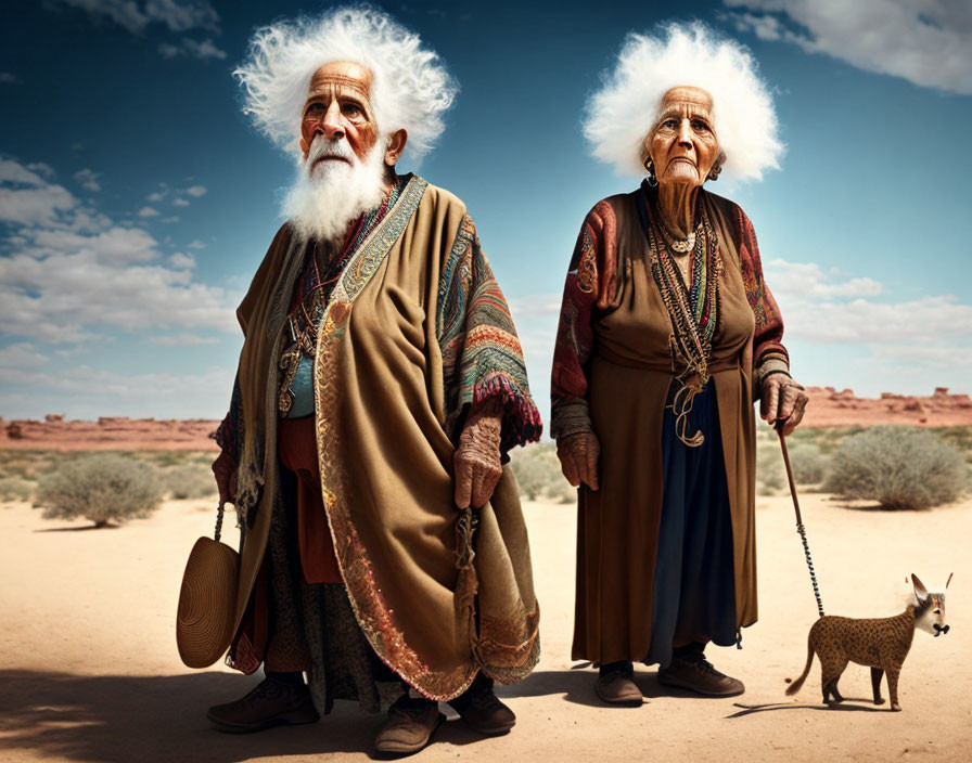 Elderly Couple with White Hair in Desert Landscape