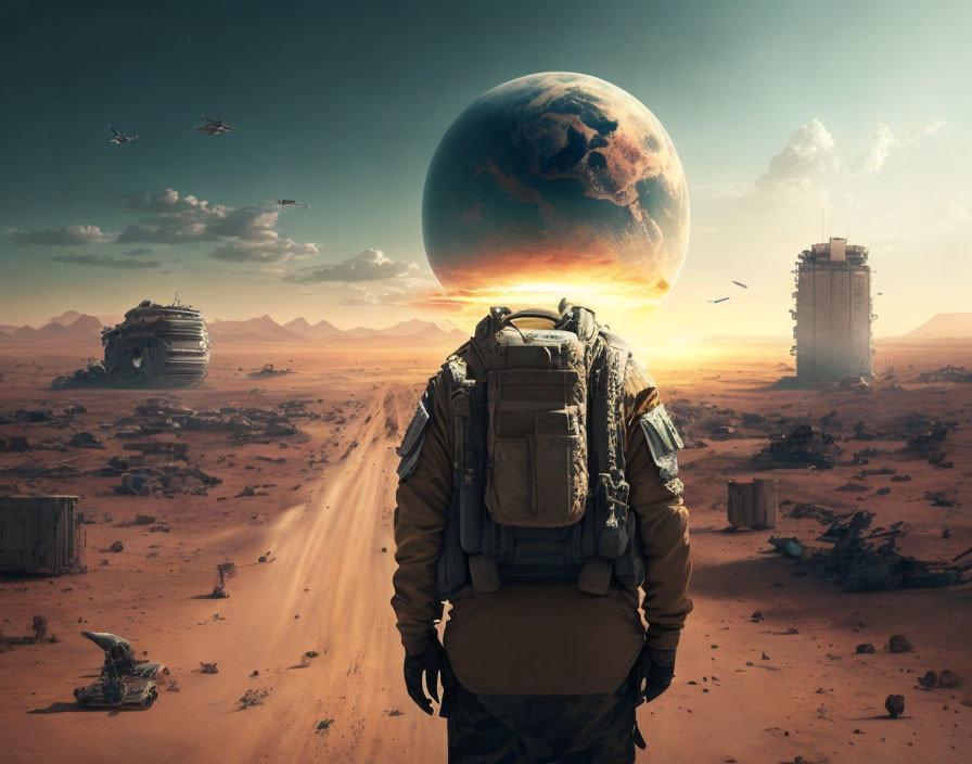 Figure in backpack gazes at planet in futuristic desert scene