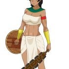 Digital artwork: Woman in Ancient Egyptian attire with shield, gold jewelry, white ornate outfit