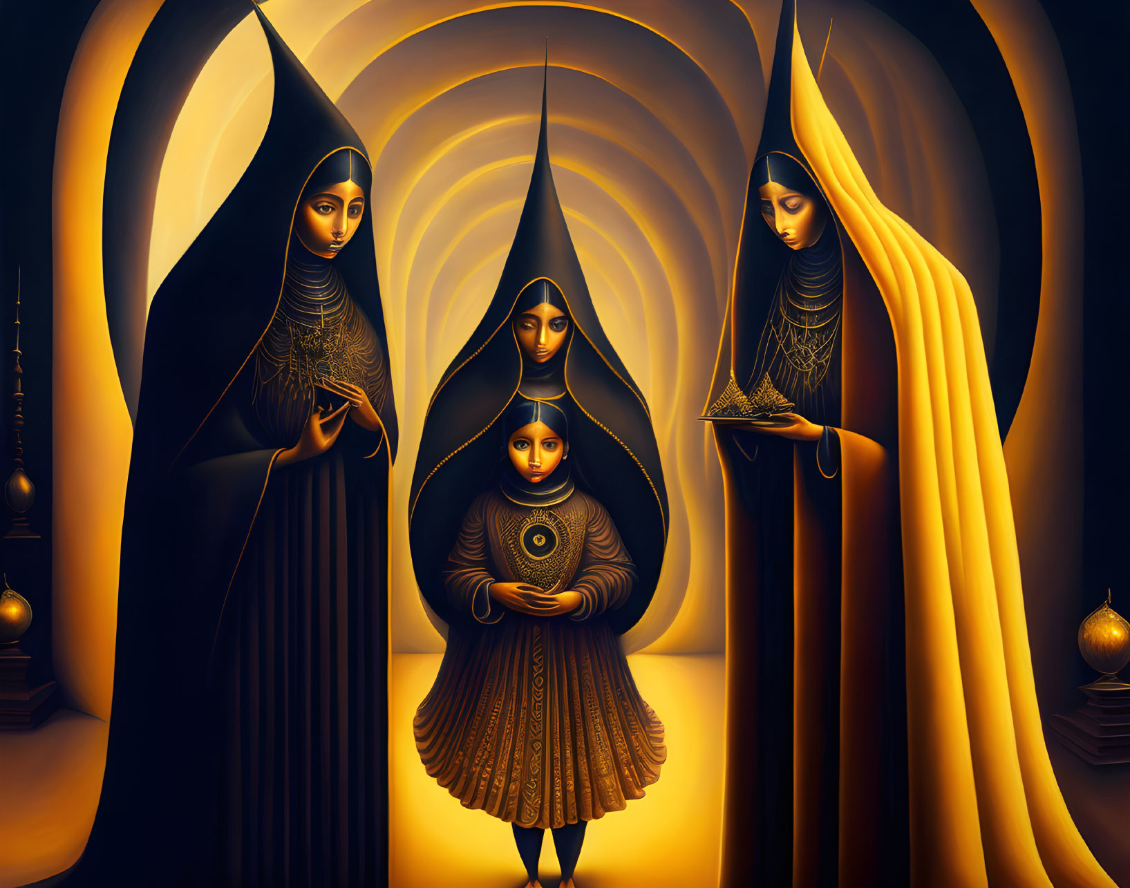 Stylized robed figures in ornate, candlelit room