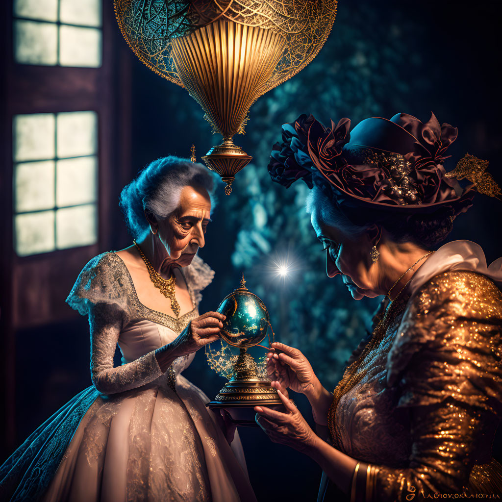 Two women in historical dresses examining glowing globe in vintage room