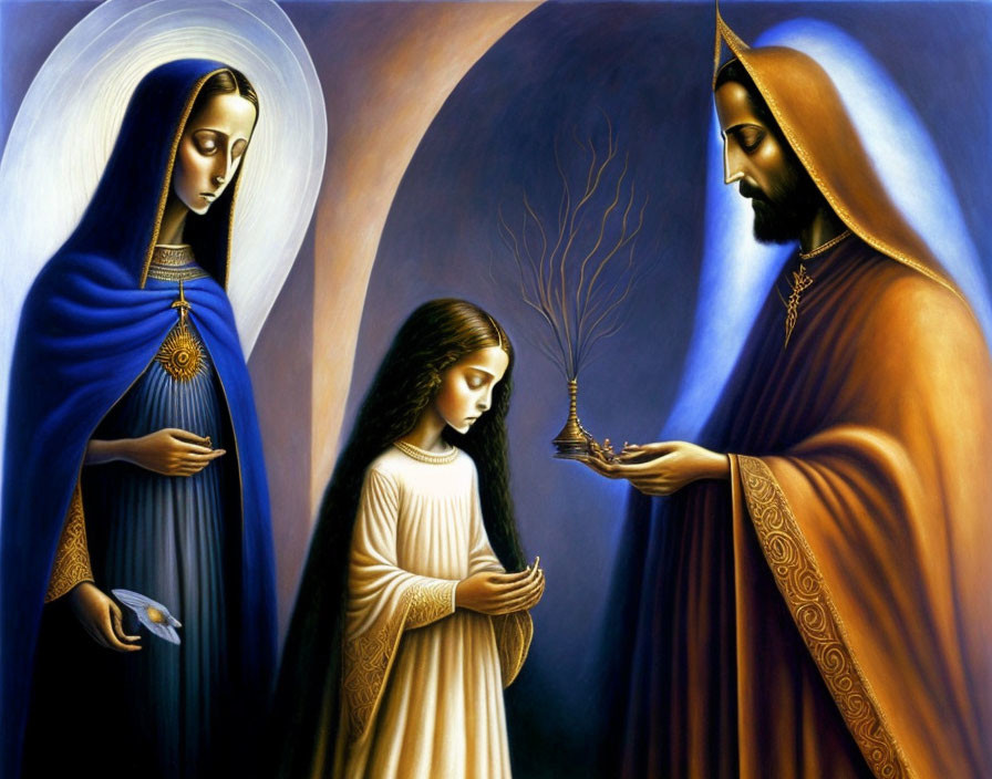 Stylized painting of three figures passing a tree in vibrant blue tones