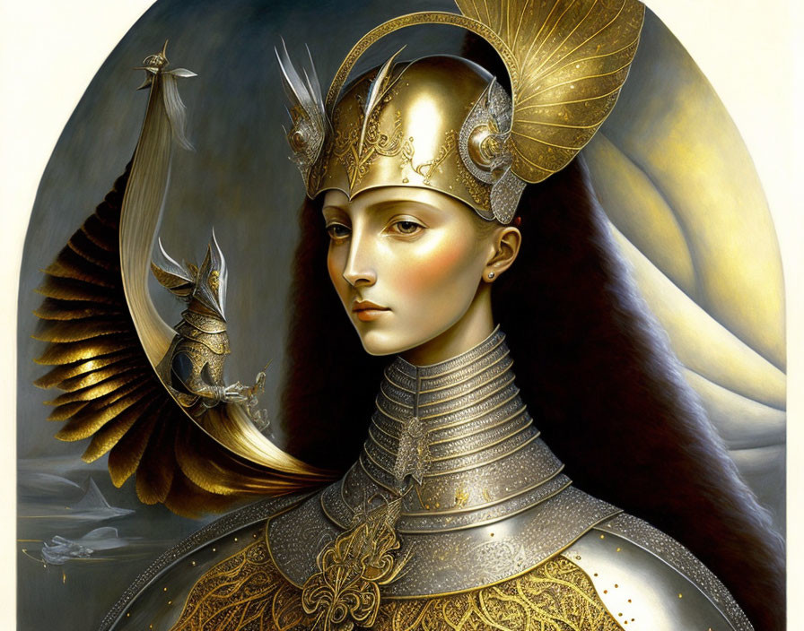 Golden armor illustration of woman with wing motifs and intricate helmet.