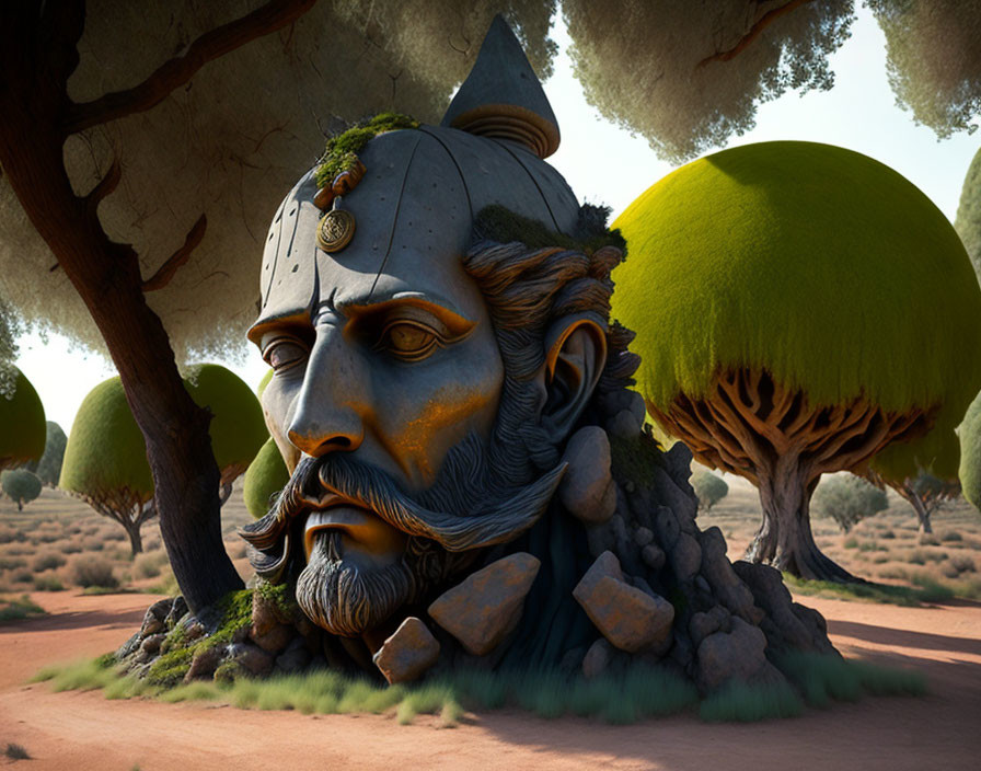 Detailed sculpture of bearded warrior's head merging with landscape and stylized trees and rocks, evoking