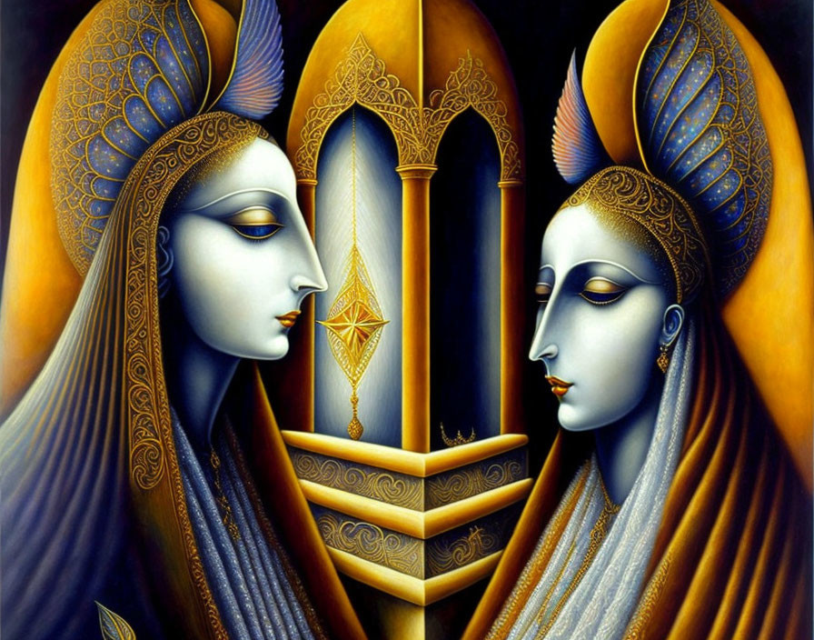 Blue and gold stylized figures in ornate headpieces against arch backdrop.