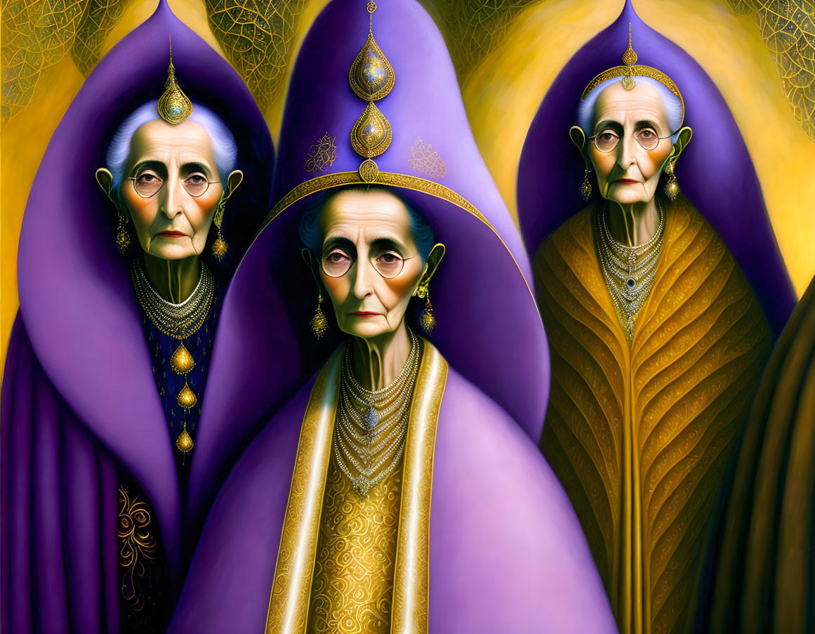 Elderly Figures in Golden and Purple Regalia with Stern Expressions